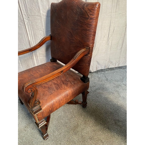 10 - AN EXCELLENT LEATHER UPHOLSTERED MAHOGANY ARMCHAIR, with brown leather upholstered backrest and seat... 