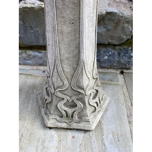 102 - A GOOD GOTHIC STYLE STONE GARDEN BIRD BATH, with hexagonal shaped top on tapered support with decora... 