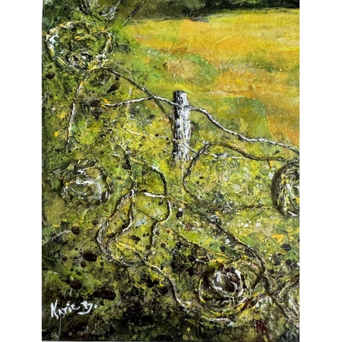 113 - KATIE BUTTIMER, (IRISH 20TH CENTURY), WOODLANDS, acrylic & textile combined, signed lower left. 71cm... 