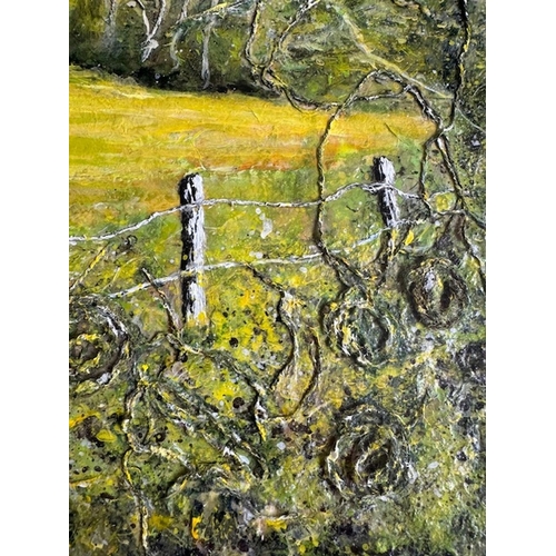 113 - KATIE BUTTIMER, (IRISH 20TH CENTURY), WOODLANDS, acrylic & textile combined, signed lower left. 71cm... 