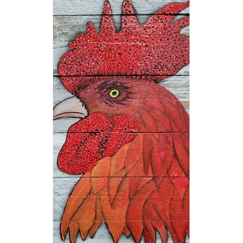 131 - KEN PARKER, (IRISH 20TH CENTURY), RED ROOSTER, acrylic on wood panels, signed lower right with initi... 