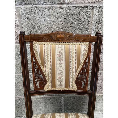 136 - A PAIR OF VICTORIAN ROSEWOOD INLAID NURSING CHAIRS, with upholstery to backrest surrounded by scroll... 