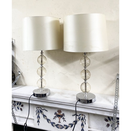 147 - A PAIR OF GLASS TRIPLE GLOBE LAMPSHADES, with three fluted glass globes to support, on circular base... 