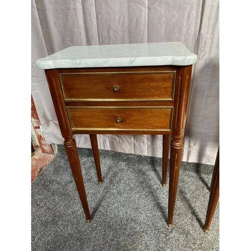 15 - A PAIR OF MARBLE TOPPED MAHOGANY TWO DRAWER SIDE TABLES, shaped marble tops above two drawers with b... 