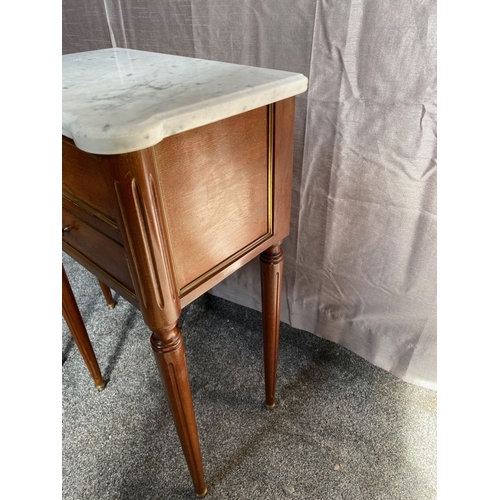 15 - A PAIR OF MARBLE TOPPED MAHOGANY TWO DRAWER SIDE TABLES, shaped marble tops above two drawers with b... 