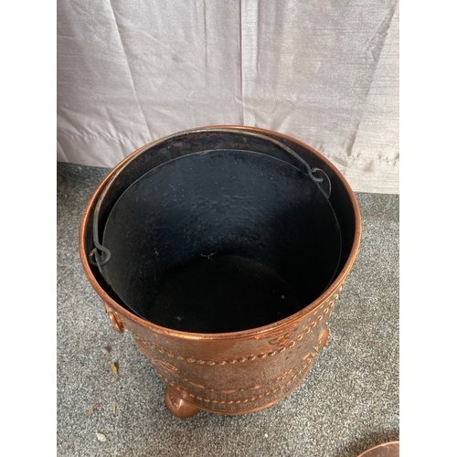 153 - A GOOD COPPER ART DECO STYLE COAL BOX, with large handle to top, embossed beaded as well as bow deco... 