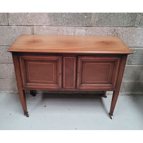 156 - A MAHOGANY INLAID TWO DOOR SIDE BOARD / BUFFET TABLE, to the front are a pair of cabinets; each with... 