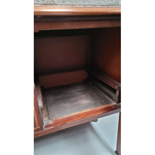 156 - A MAHOGANY INLAID TWO DOOR SIDE BOARD / BUFFET TABLE, to the front are a pair of cabinets; each with... 