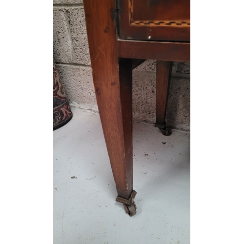 156 - A MAHOGANY INLAID TWO DOOR SIDE BOARD / BUFFET TABLE, to the front are a pair of cabinets; each with... 