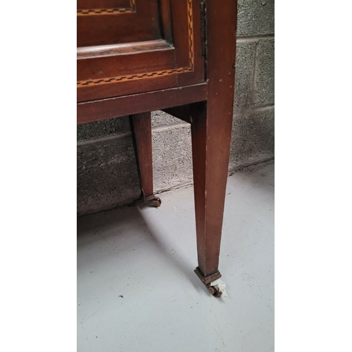 156 - A MAHOGANY INLAID TWO DOOR SIDE BOARD / BUFFET TABLE, to the front are a pair of cabinets; each with... 