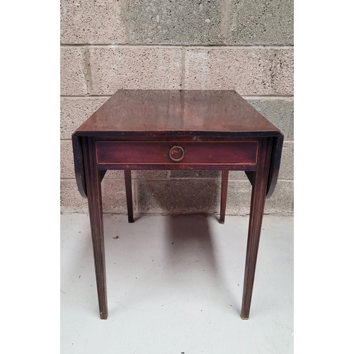 159 - A GOOD DROP LEAF PEMBROKE TABLE, with rounded corners, a single frieze drawer to one side with satin... 