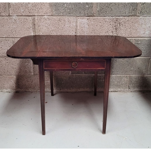 159 - A GOOD DROP LEAF PEMBROKE TABLE, with rounded corners, a single frieze drawer to one side with satin... 