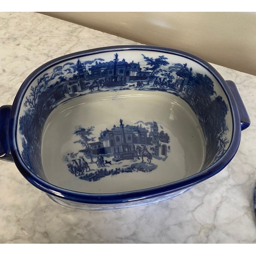 166 - A PAIR OF BLUE & WHITE PORCELAIN ‘FOOT BATH’ JARDINEIRE POTS, each decorated with a landscape scene ... 