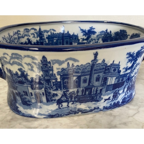 166 - A PAIR OF BLUE & WHITE PORCELAIN ‘FOOT BATH’ JARDINEIRE POTS, each decorated with a landscape scene ... 