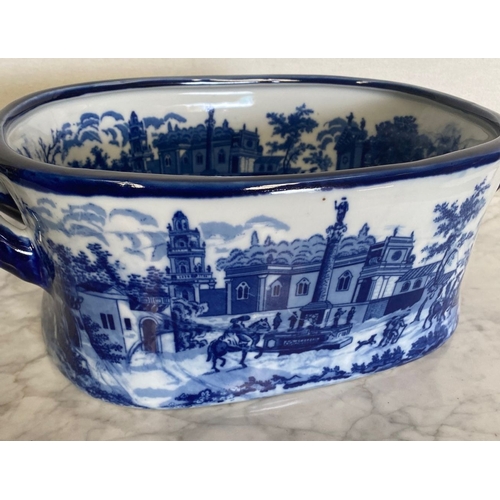 166 - A PAIR OF BLUE & WHITE PORCELAIN ‘FOOT BATH’ JARDINEIRE POTS, each decorated with a landscape scene ... 