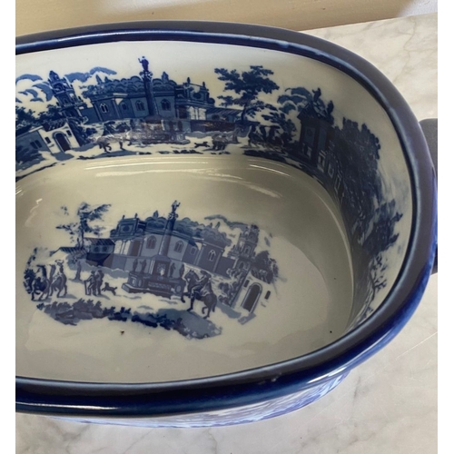 166 - A PAIR OF BLUE & WHITE PORCELAIN ‘FOOT BATH’ JARDINEIRE POTS, each decorated with a landscape scene ... 