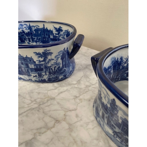 166 - A PAIR OF BLUE & WHITE PORCELAIN ‘FOOT BATH’ JARDINEIRE POTS, each decorated with a landscape scene ... 