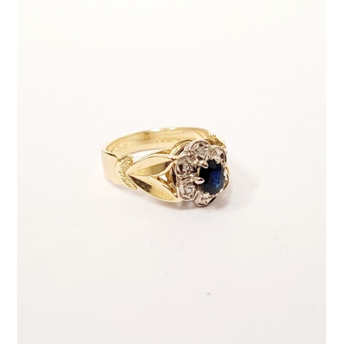 17 - A BEAUTIFUL VINTAGE 18CT YELLOW GOLD SAPPHIRE & DIAMOND DRESS RING, with a central oval shaped dark ... 