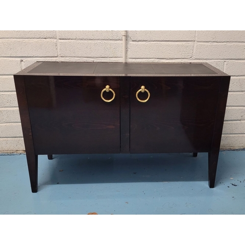 18 - A VERY GOOD QUALITY PORTA ROMANA TWO DOOR CONSOLE CHEST, with triple leather inset to the top, a pai... 