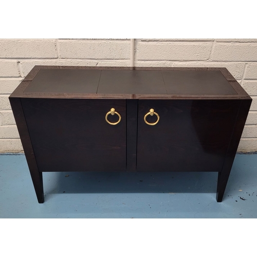 18 - A VERY GOOD QUALITY PORTA ROMANA TWO DOOR CONSOLE CHEST, with triple leather inset to the top, a pai... 