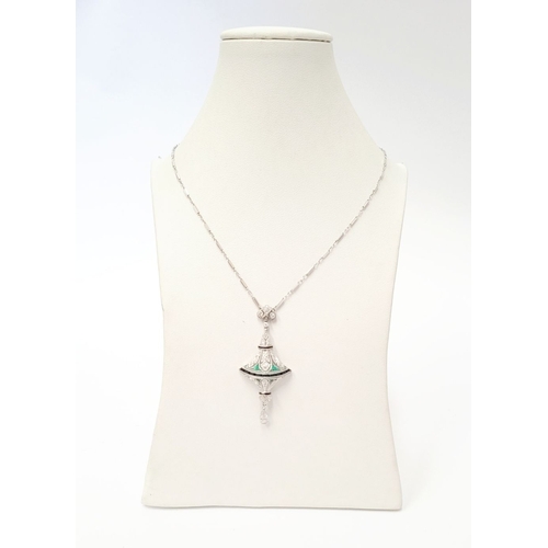 19 - A STUNNING ART DECO 14CT WHITE GOLD ONYX, EMERALD & DIAMOND PENDANT NECKLACE, pendant circa 1920 – 1... 