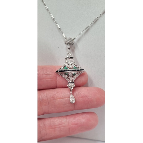 19 - A STUNNING ART DECO 14CT WHITE GOLD ONYX, EMERALD & DIAMOND PENDANT NECKLACE, pendant circa 1920 – 1... 