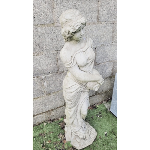 190 - A GOOD QUALITY GARDEN ORNAMENT IN THE FORM OF A FEMALE FIGURE, standing holding an urn in her hands,... 