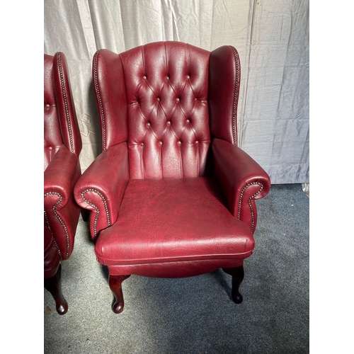 2 - A GOOD PAIR OF LEATHER CHESTERFIELD WINGBACK ARMCHAIRS, with deep red leather button back upholstery... 