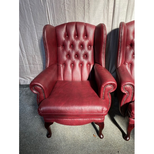 2 - A GOOD PAIR OF LEATHER CHESTERFIELD WINGBACK ARMCHAIRS, with deep red leather button back upholstery... 