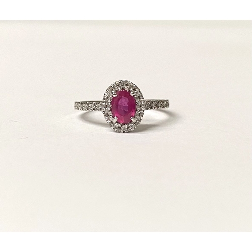 20 - A BEAUTIFUL 18CT WHITE GOLD RUBY AND DIAMOND HALO CLUSTER RING, with central oval cut ruby in four c... 