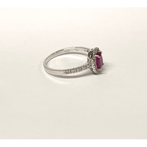 20 - A BEAUTIFUL 18CT WHITE GOLD RUBY AND DIAMOND HALO CLUSTER RING, with central oval cut ruby in four c... 