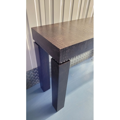 206 - AN EXQUISITE SIMPSON’S OF LONDON ‘NEPTUNE’ LEATHER CLAD CONSOLE TABLE, with chrome bead trim to the ... 