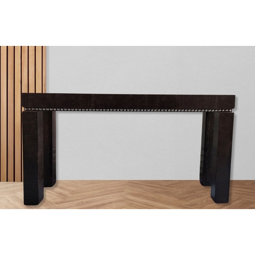 206 - AN EXQUISITE SIMPSON’S OF LONDON ‘NEPTUNE’ LEATHER CLAD CONSOLE TABLE, with chrome bead trim to the ... 