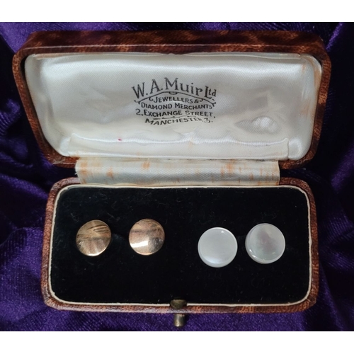 229 - A CASED SET OF CUFF LINKS, 2 x mother of pearl style button shaped, and 2 x gold coloured button sha... 