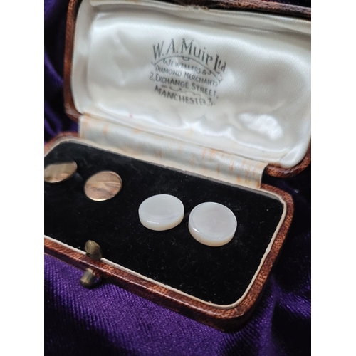 229 - A CASED SET OF CUFF LINKS, 2 x mother of pearl style button shaped, and 2 x gold coloured button sha... 