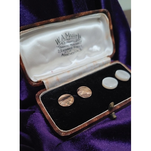 229 - A CASED SET OF CUFF LINKS, 2 x mother of pearl style button shaped, and 2 x gold coloured button sha... 