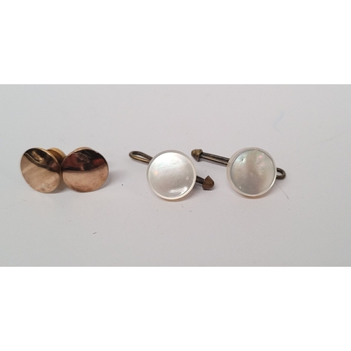 229 - A CASED SET OF CUFF LINKS, 2 x mother of pearl style button shaped, and 2 x gold coloured button sha... 