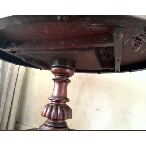 239 - A GOOD QUALITY ANTIQUE BURR WALNUT OVAL SHAPED TIP UP TABLE, raised on a turned column support with ... 