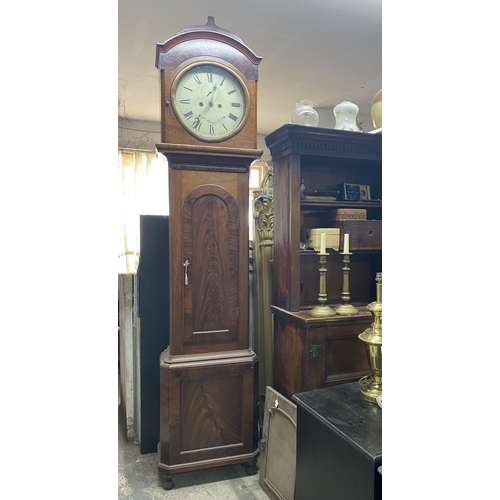 24 - AN EXCELLENT IRISH ‘J. MANGAN CORK’ MAHOGANY LONGCASE GRANDFATHER CLOCK, in flame mahogany case. The... 