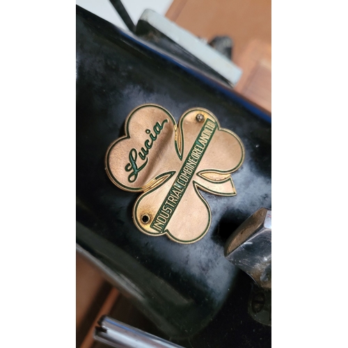 247 - AN VINTAGE IRISH LUCIA PRECISION SEWING MACHINE – MOTOR BY HILLMAN ELECTRIC MOTORS LTD, sitting on a... 