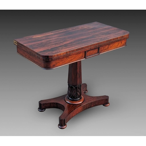 27 - AN EXCEPTIONAL REGENCY ROSEWOOD FOLD OVER CARD TABLE, with a beautifully finished table top, that tw... 