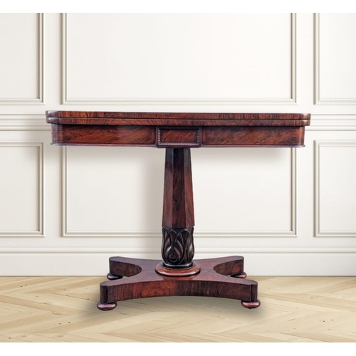 27 - AN EXCEPTIONAL REGENCY ROSEWOOD FOLD OVER CARD TABLE, with a beautifully finished table top, that tw... 