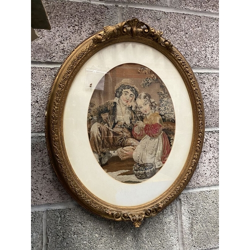 274 - A 19TH CENTURY GILT FRAMED NEEDLEPOINT, very fine needlepoint depicting male and female figure in ou... 