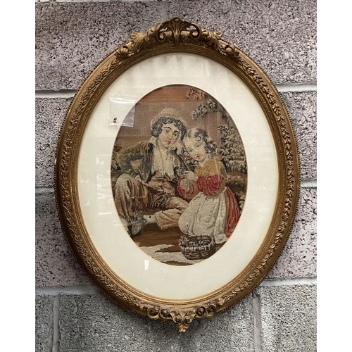 274 - A 19TH CENTURY GILT FRAMED NEEDLEPOINT, very fine needlepoint depicting male and female figure in ou... 