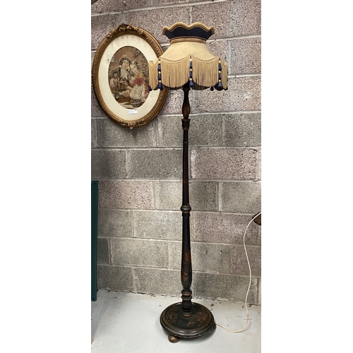 276 - A DECORATIVE CHINOISERIE FLOOR LAMP, with painted gilt decorations on black base to turned support a... 