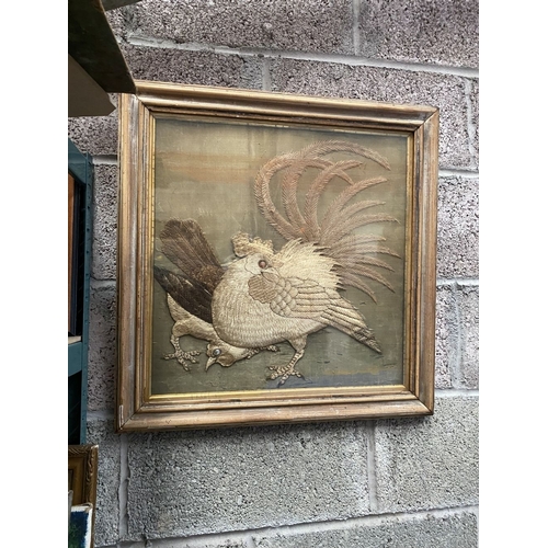 279 - AN ANTIQUE FRAMED NEEDLWORK OF ROOSTER, intricate needlework with beads to eyes. In hardwood frame.