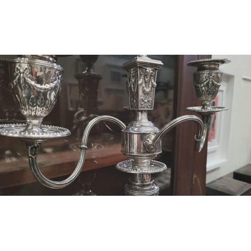 28 - AN IMPRESSIVE PAIR OF EDWARDIAN SILVER CANDLEABRA, both with detachable three heads, two held up wit... 