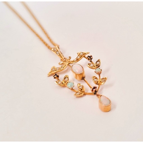 29 - A BEAUTIFUL & DELICATE 9CT YELLOW GOLD OPAL, GARNET & SEED PEARL PENDANT ON A ROPE CHAIN, the pendan... 