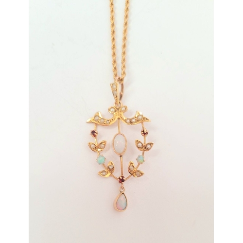 29 - A BEAUTIFUL & DELICATE 9CT YELLOW GOLD OPAL, GARNET & SEED PEARL PENDANT ON A ROPE CHAIN, the pendan... 