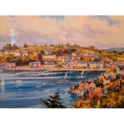 292 - A COLIN GIBSON PRINT OF KINSALE HARBOUR, in a good frame, label verso. Frame: 47 x 39cm.